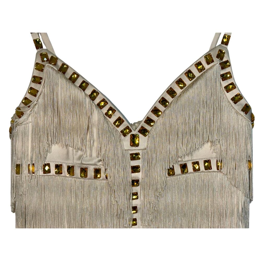 NWT Mandalay Cream Ivory Gold Beaded Fringe Midi Evening Cocktail Dress Womens 6 - Picture 5 of 16